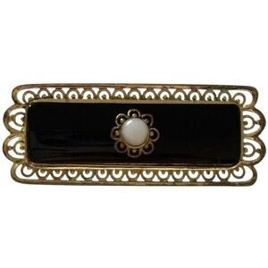 Antique 800 Sterling Silver Vermeil Filigree Onyx Mourning Bar Brooch Pin